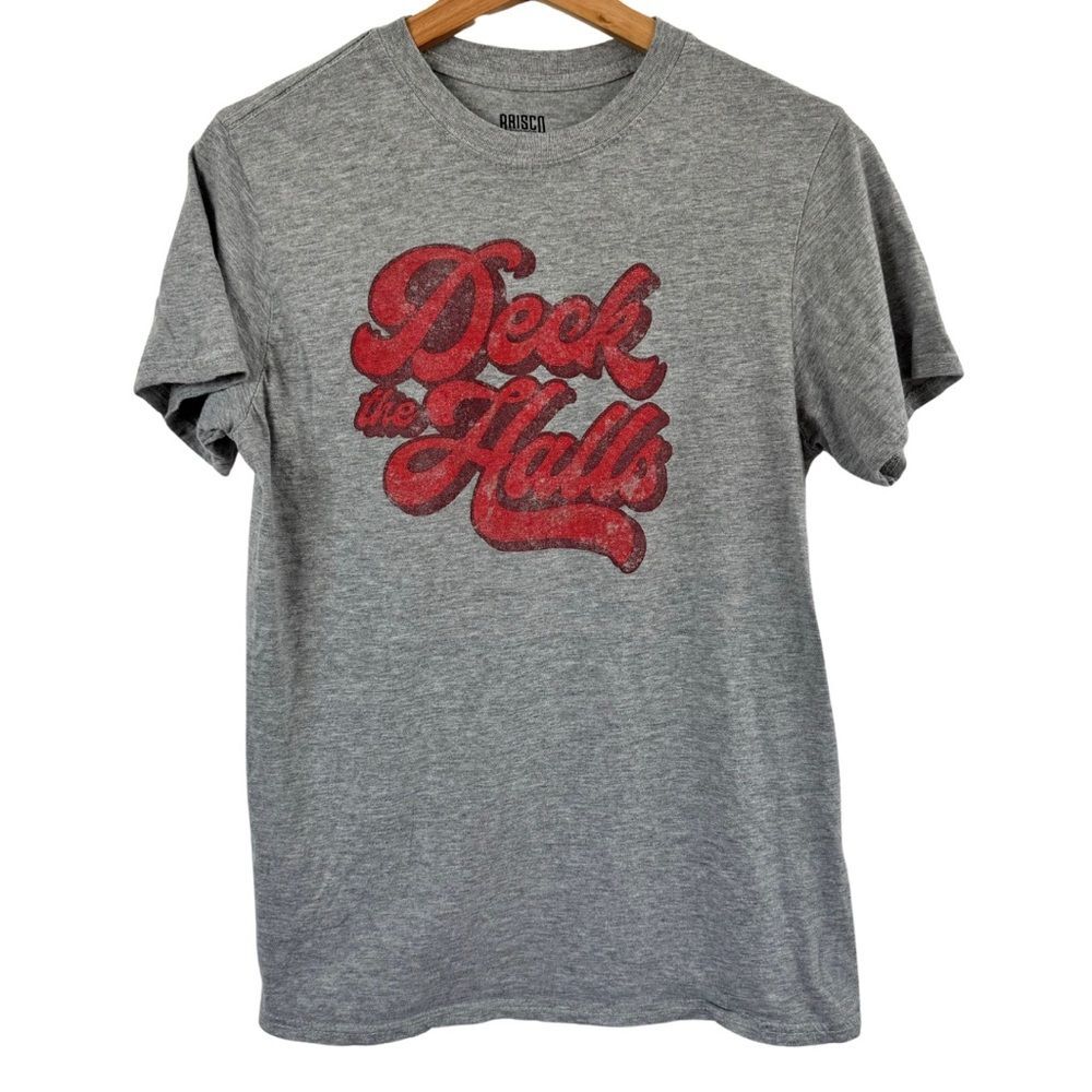 Brisco Brands Deck The Halls Christmas T Shirt Womens S Gray Red Graphic Tee